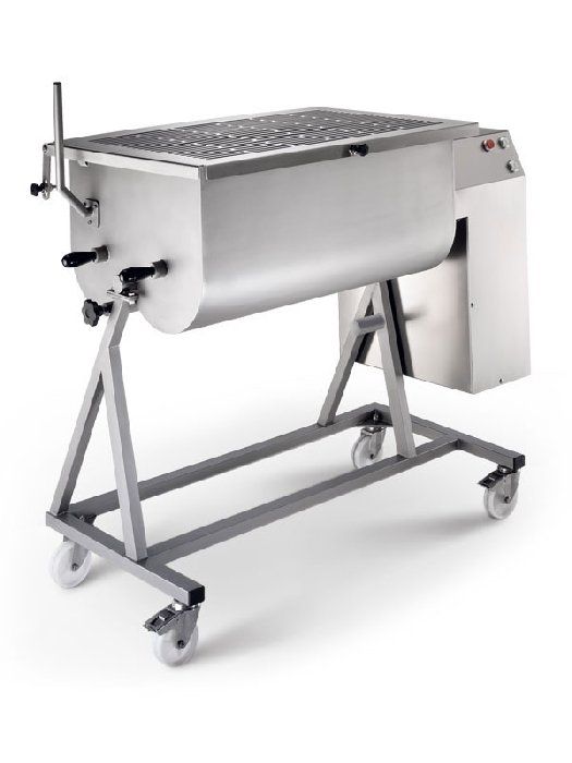 Miscelatore industriale in acciaio inox su supporto con ruote, piano superiore perforato e manopole di controllo laterali.
