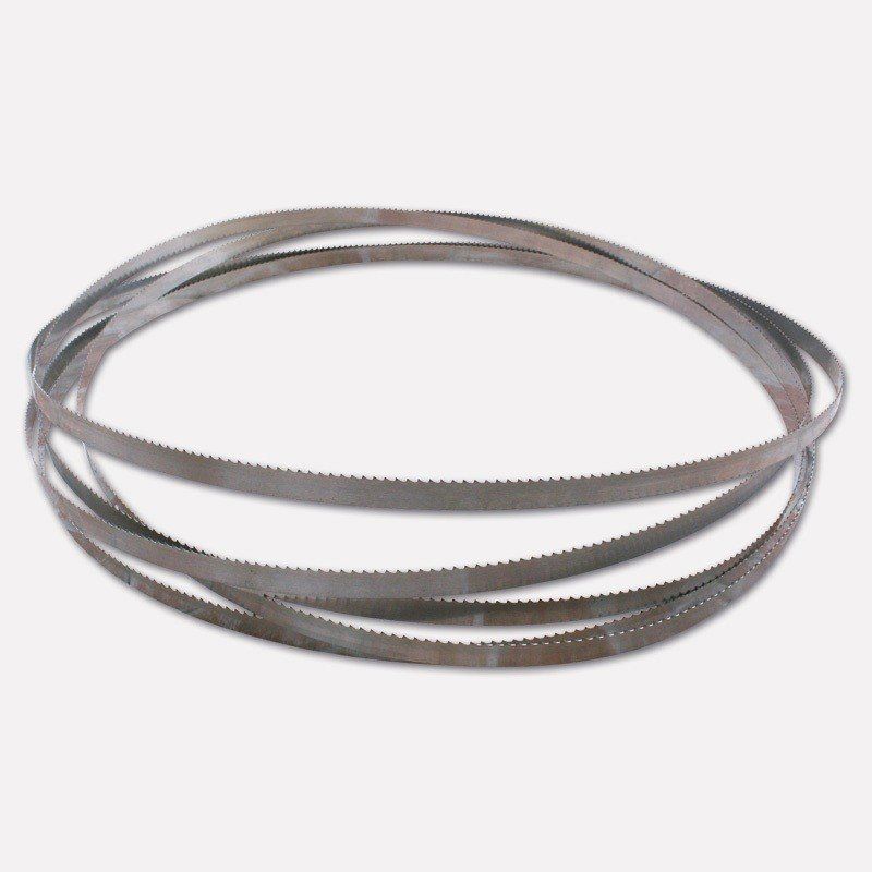 Nastri metallici avvolti per una lama di sega a nastro, mostrati su sfondo bianco.