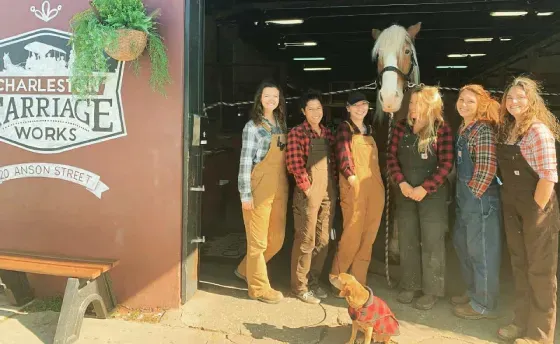 A group of women standing next to a horse and a dog.