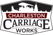 The logo for charleston carriage works shows a horse drawn carriage with a castle in the background.