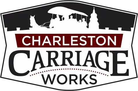 The logo for charleston carriage works shows a horse drawn carriage with a castle in the background.