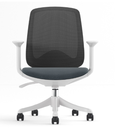 Ergonomic office chair with white frame, gray mesh back and seat, black armrests.