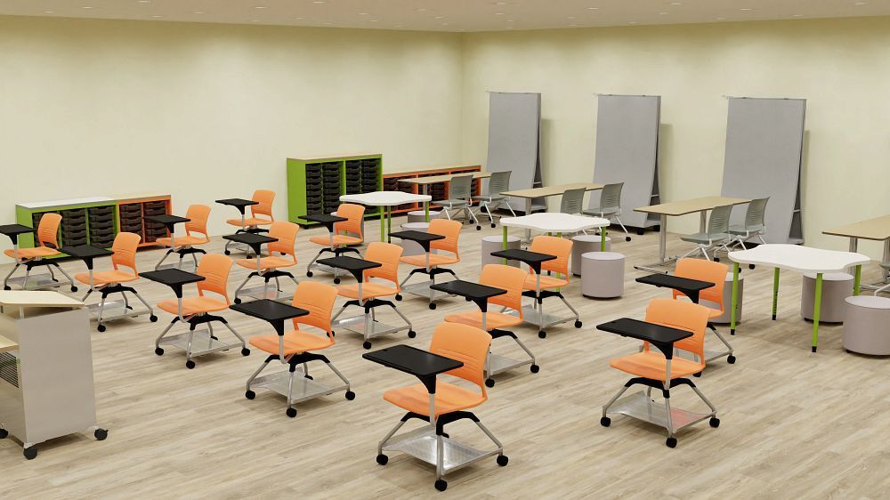 Classroom with orange and black student chairs, white and grey tables, and storage units.