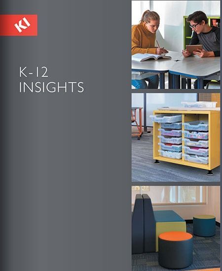 K-12 Insights brochure cover featuring school furniture and students studying.