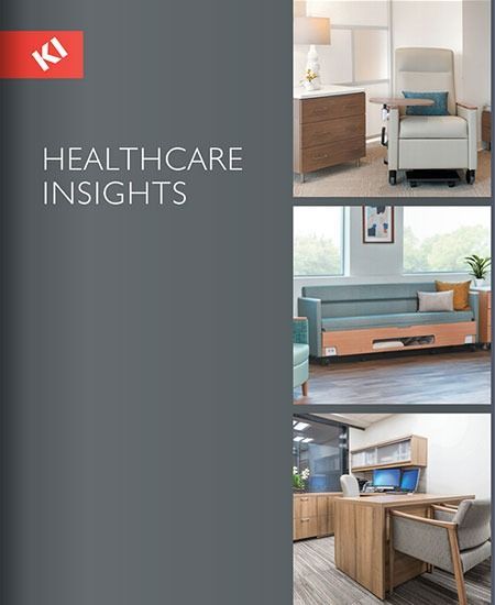 KI Healthcare Insights brochure cover with furniture examples: a chair, a sofa, and a desk in a healthcare setting.