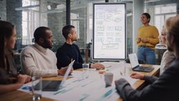 Group of people in a meeting. A woman presents a diagram on a screen. Modern office setting.