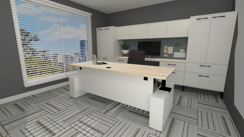 Office with large desk, cabinets, window with city view, and patterned floor.