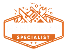 Orange emblem with tools: wrench, hammer, and others. 