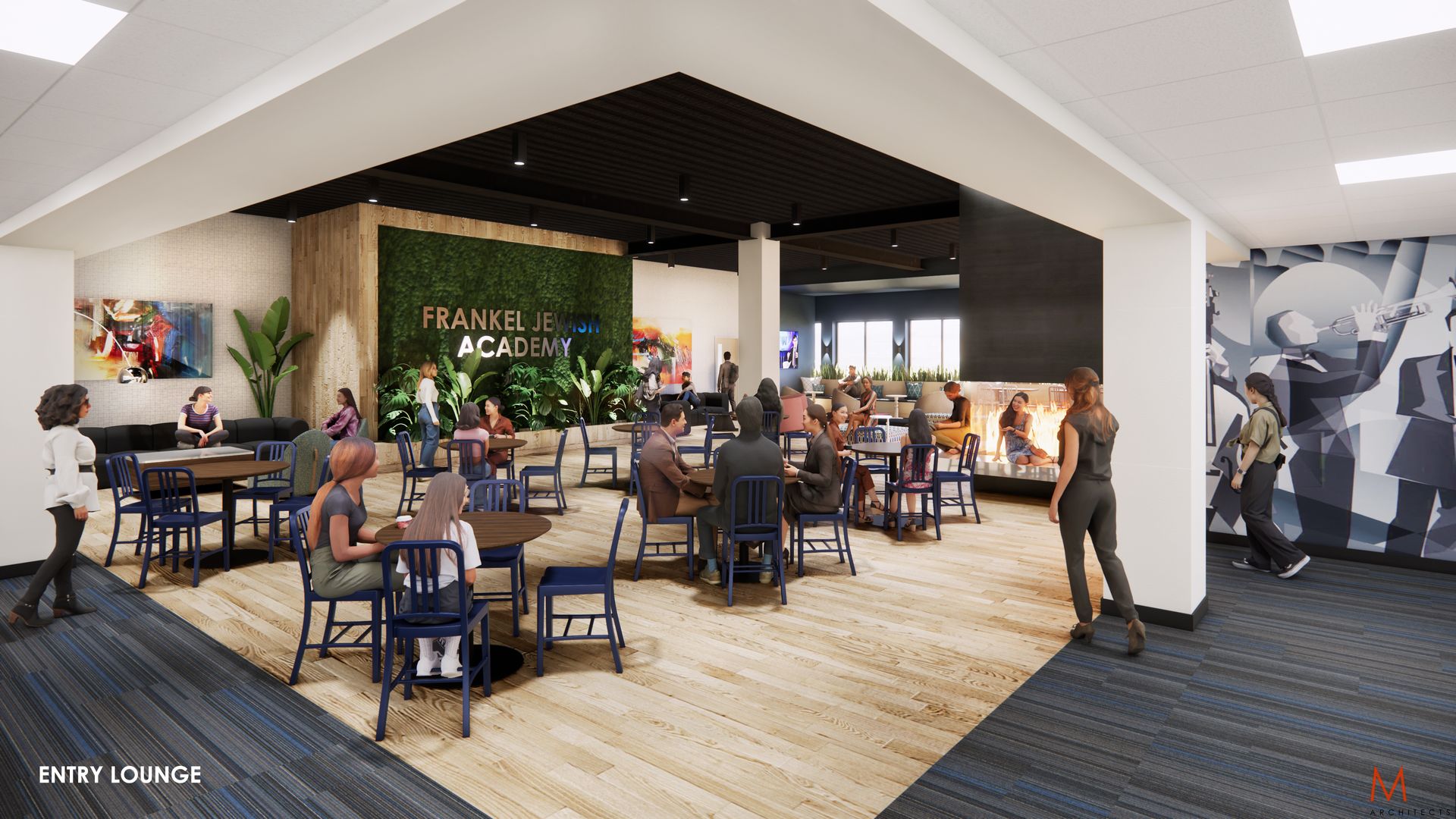 Interior rendering of a lounge with people at tables, featuring a green wall and artwork.