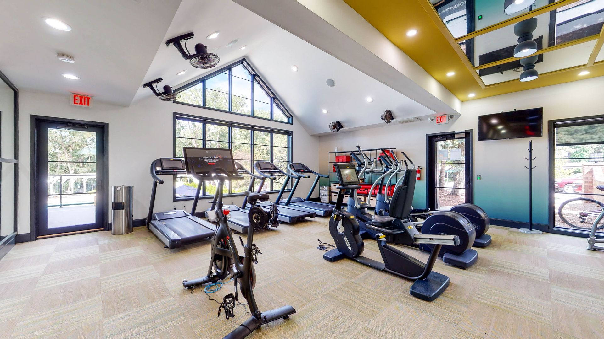 Gym with treadmills, exercise bikes, and weights. Large windows and doors.