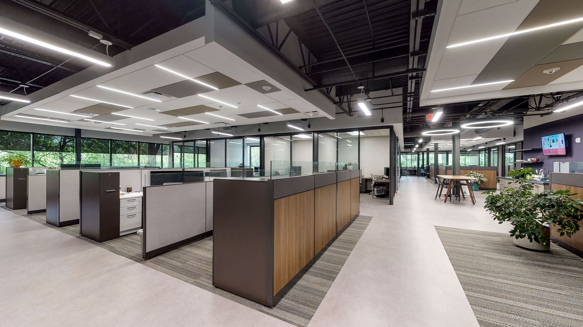 Modern office interior with cubicles, glass-walled offices, and a seating area, bathed in bright lighting.