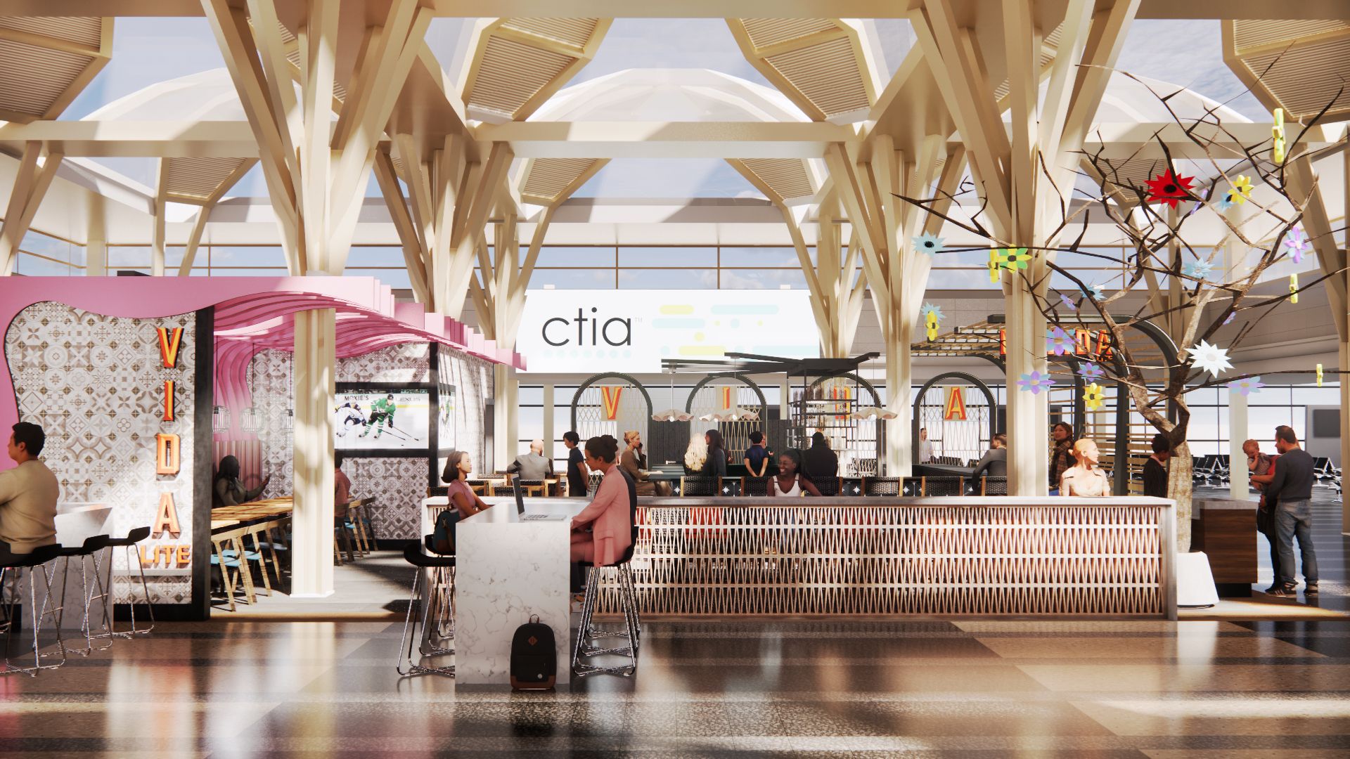 Airport interior with wooden beams. People at food stalls, bar. Pink and white decor, floral accents.