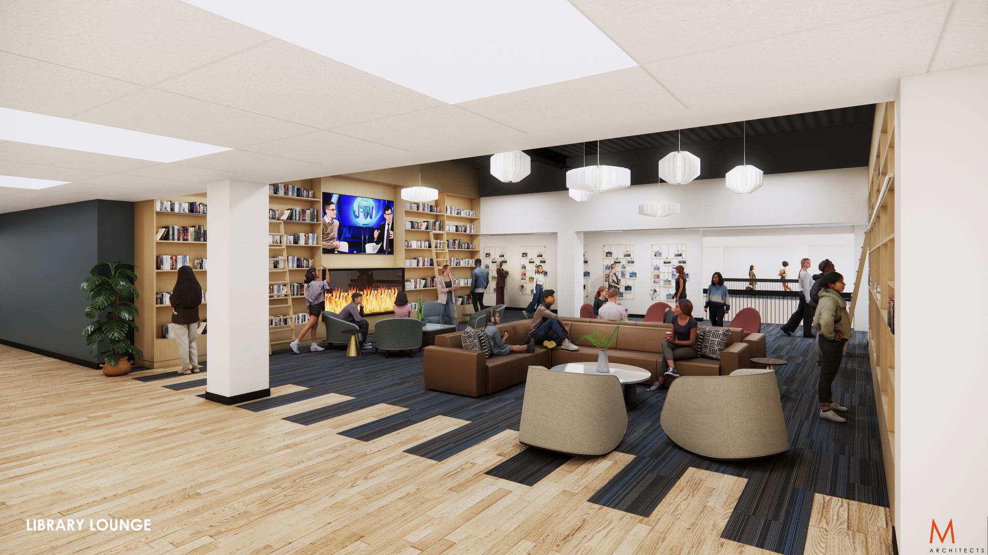 Cozy library lounge with seating, fireplace, bookshelves, and people. Modern decor with wooden floors and colorful accents.