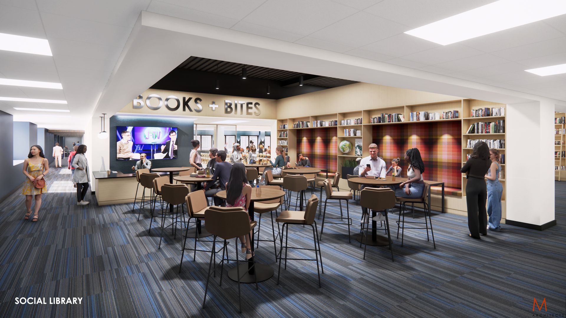 Rendering of a library social area, 