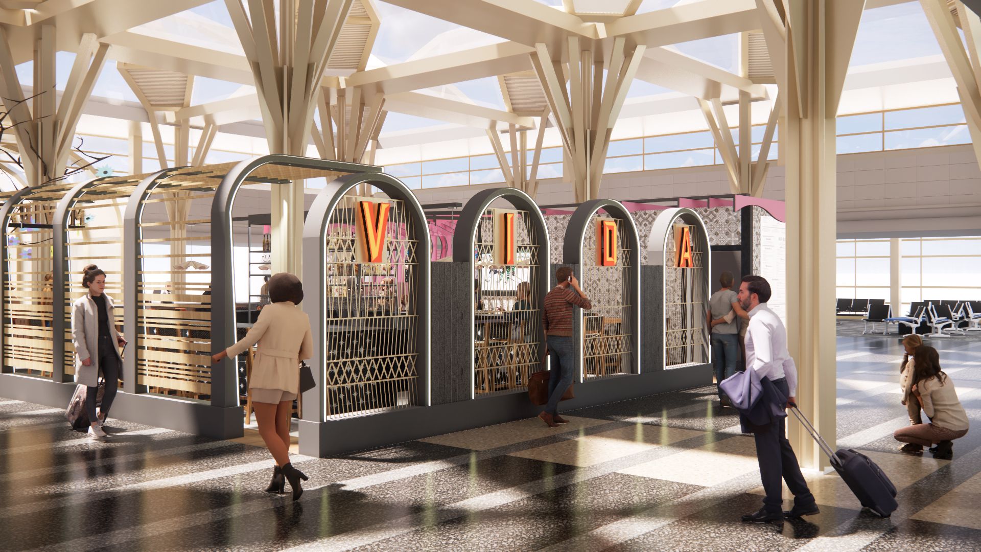 People at airport kiosks spelling 