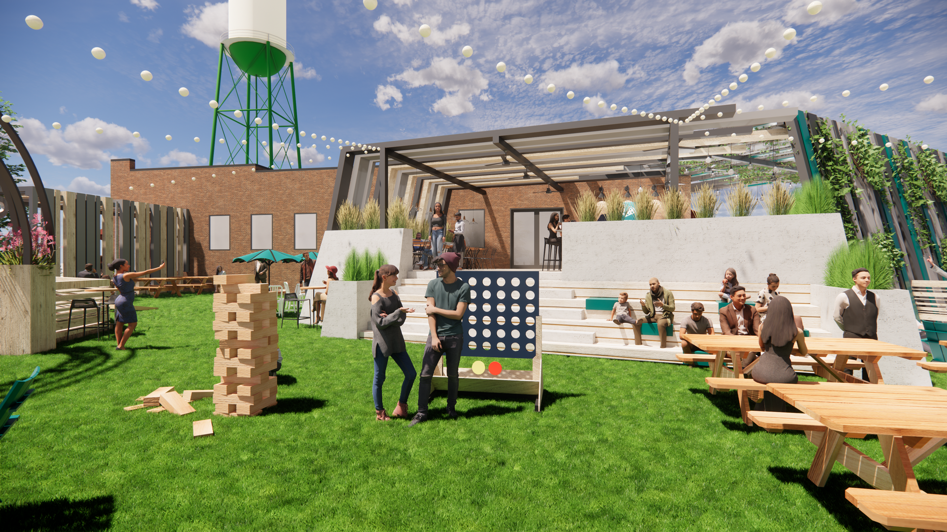 Rooftop scene: People playing games like Jenga and Connect Four; patio tables, green grass, and a water tower in the background.