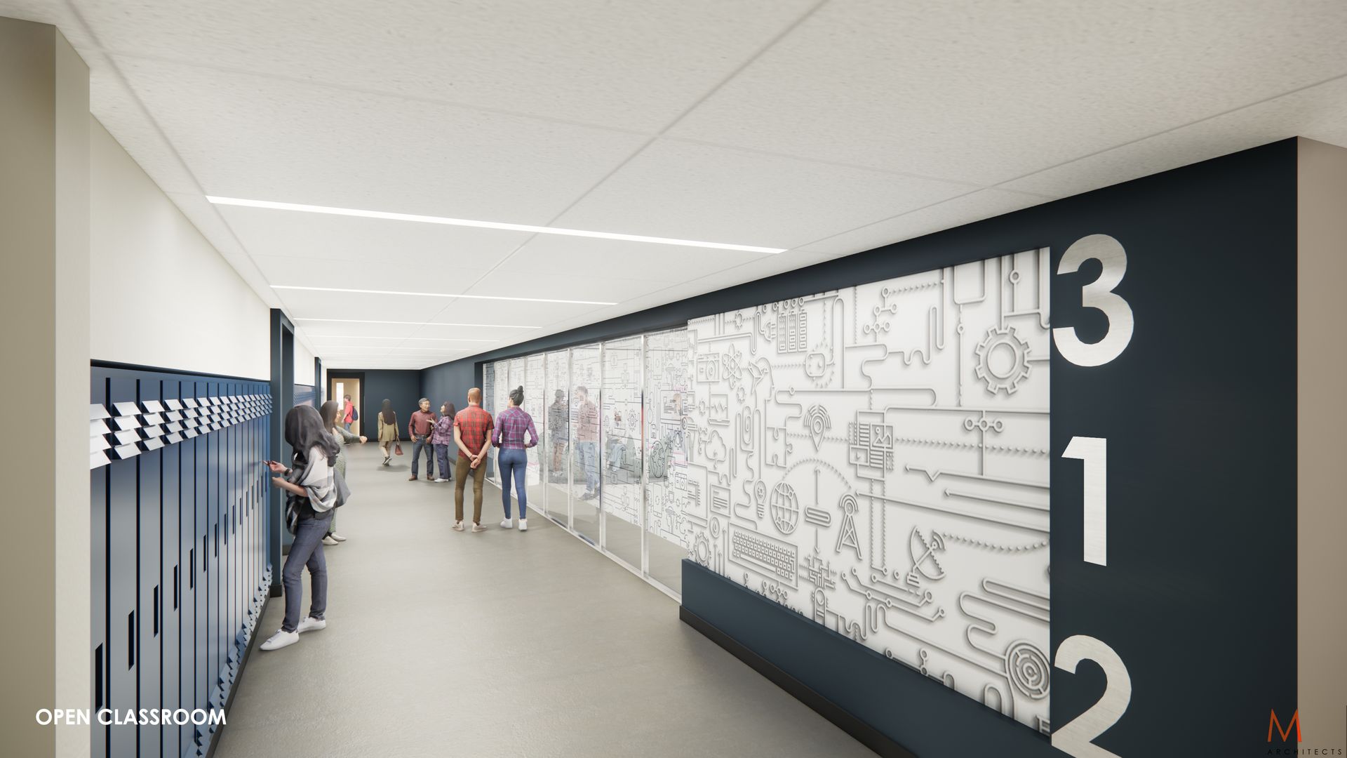 School hallway with lockers, students, and a wall mural with room numbers.