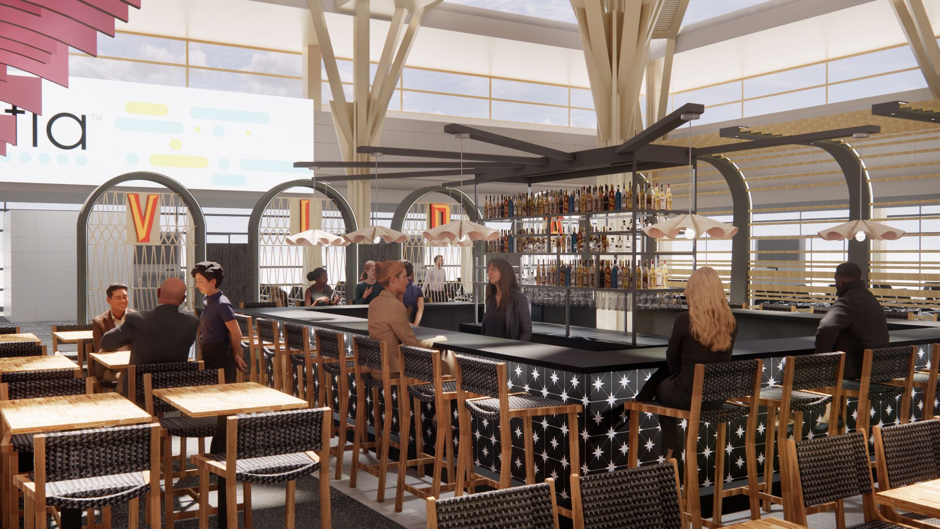 Restaurant bar with patrons, featuring dark wood stools, overhead lights, and bartenders.