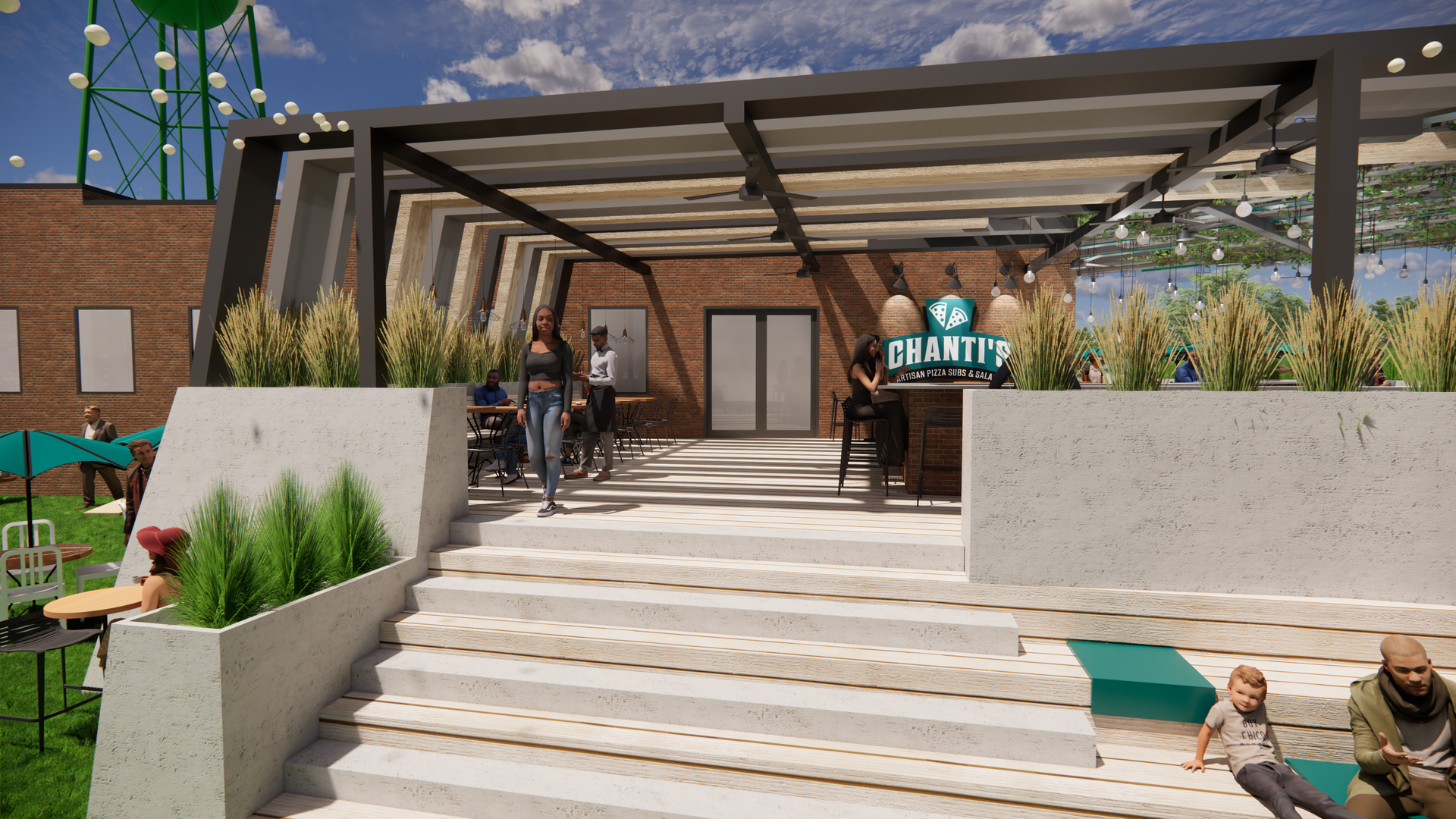 Rooftop patio with steps, seating, and overhead shelter. People enjoy the outdoor space, brick building.