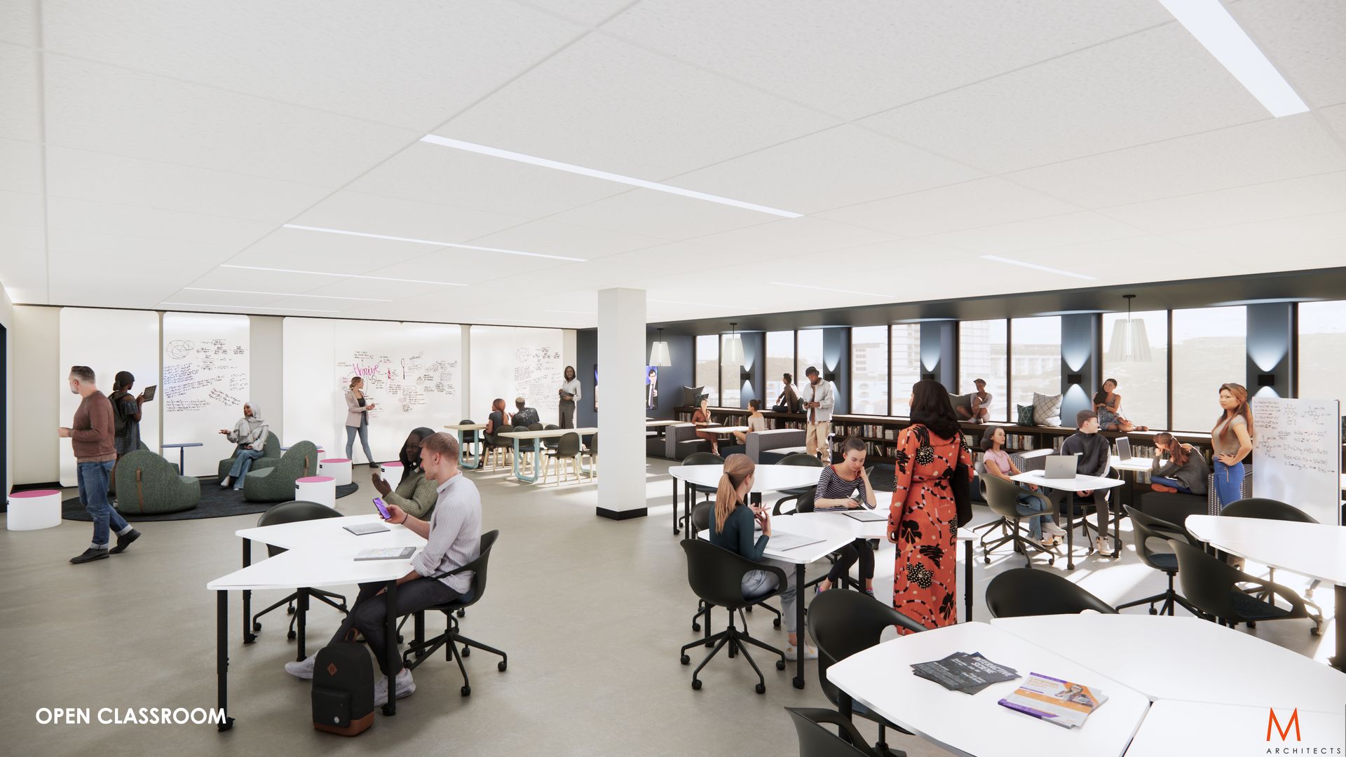 Open, modern classroom with students at tables and on beanbags; white walls, windows, and a central column.