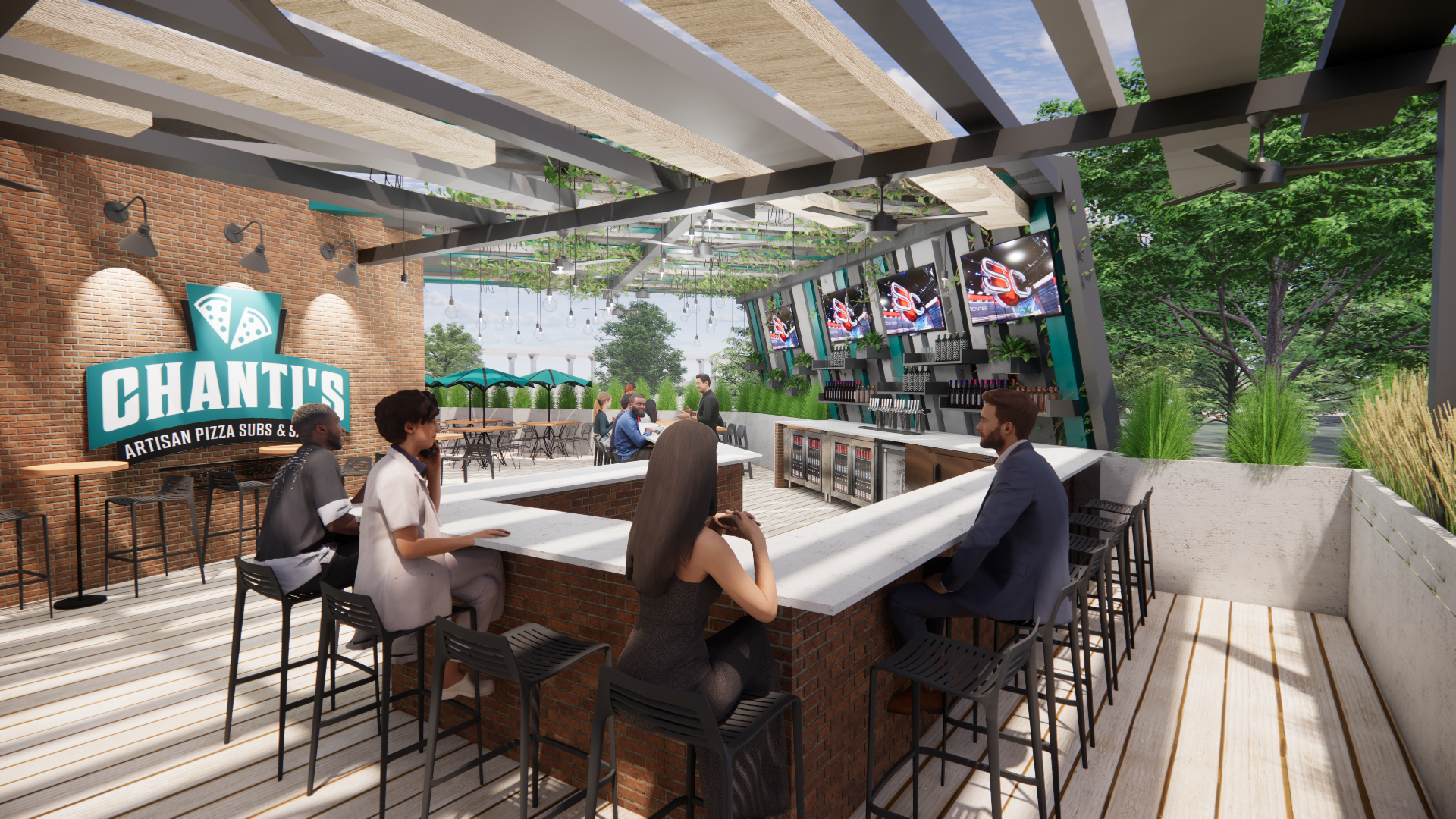 Outdoor bar with patrons. Wooden bar, televisions, and a Chantier sign. People seated, drinking, and talking.