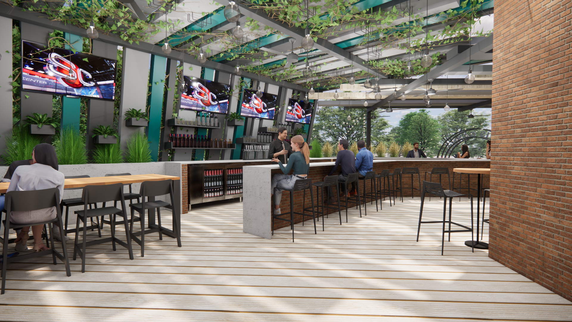 Outdoor bar with TVs, people, and greenery. Wooden floor and brick wall.