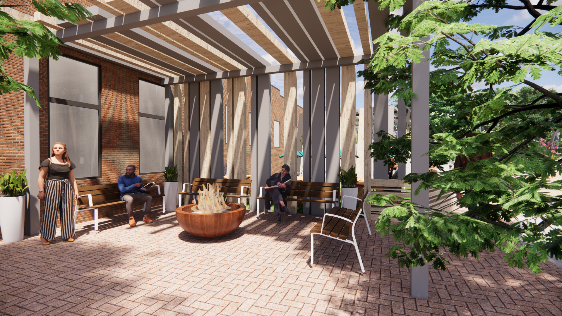 Outdoor patio with people around a fire pit. Brick floor, pergola, trees, and modern seating.