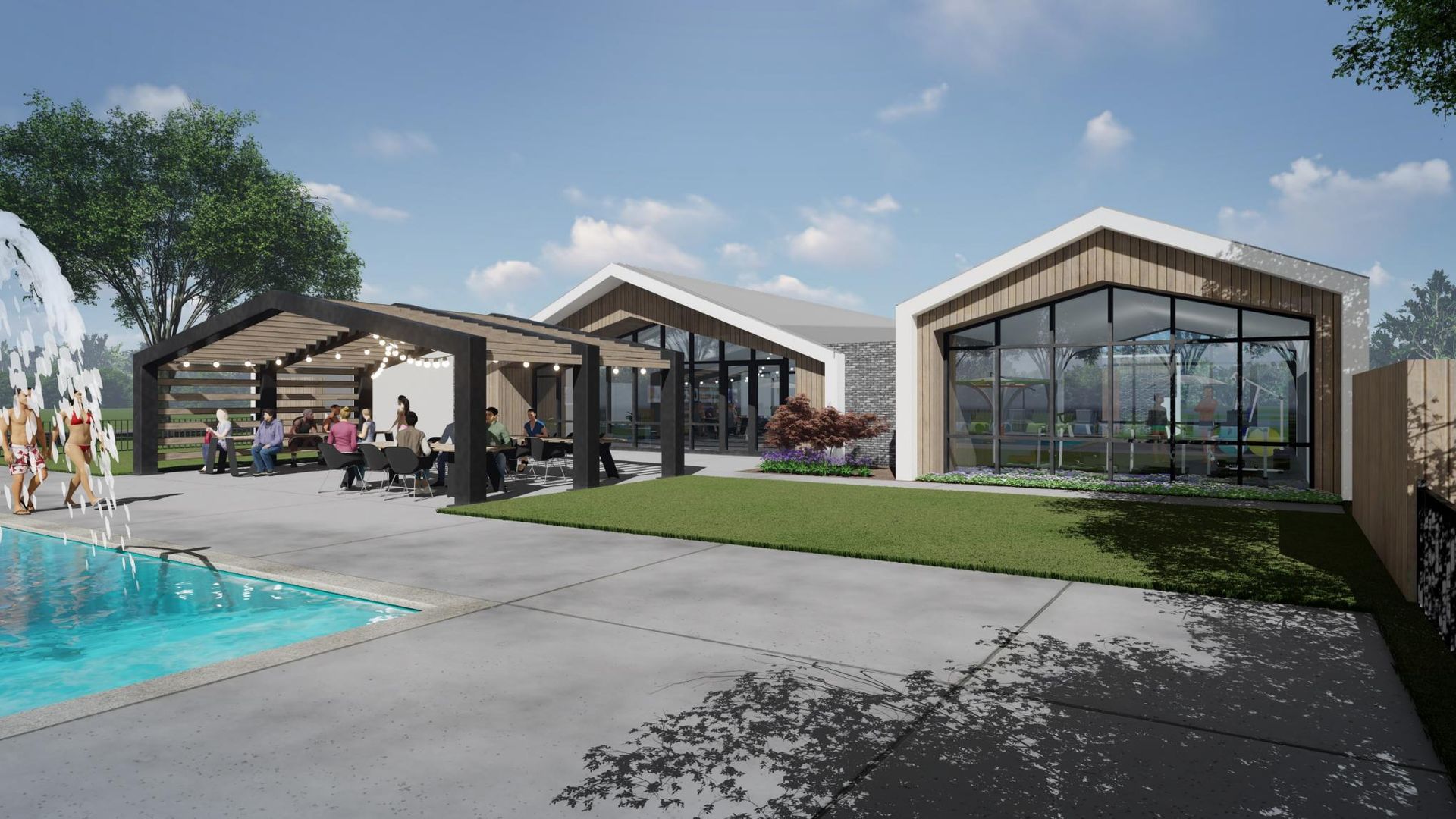 Poolside rendering: people at tables under a pergola, glass-walled building, swimming pool, and lush landscaping.