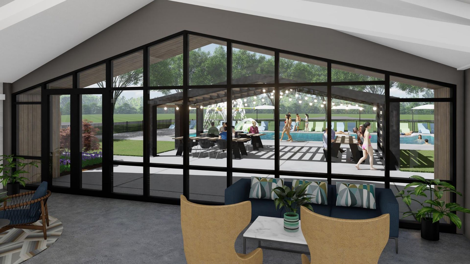 Indoor seating area with a large window overlooking a pool and outdoor gathering.