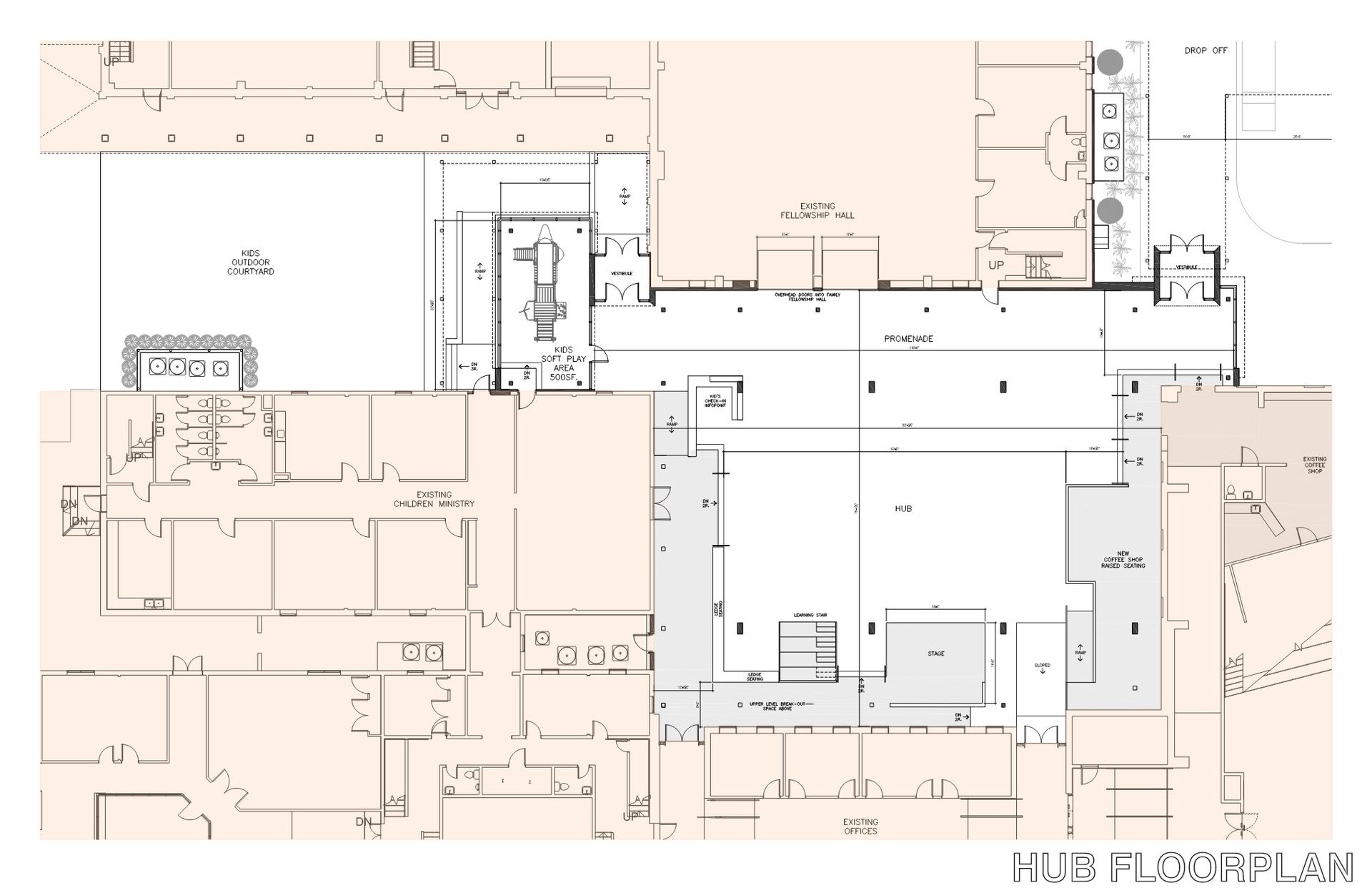 Floorplan of a building with rooms, hallways, and architectural details, rendered in shades of white, gray, and tan.