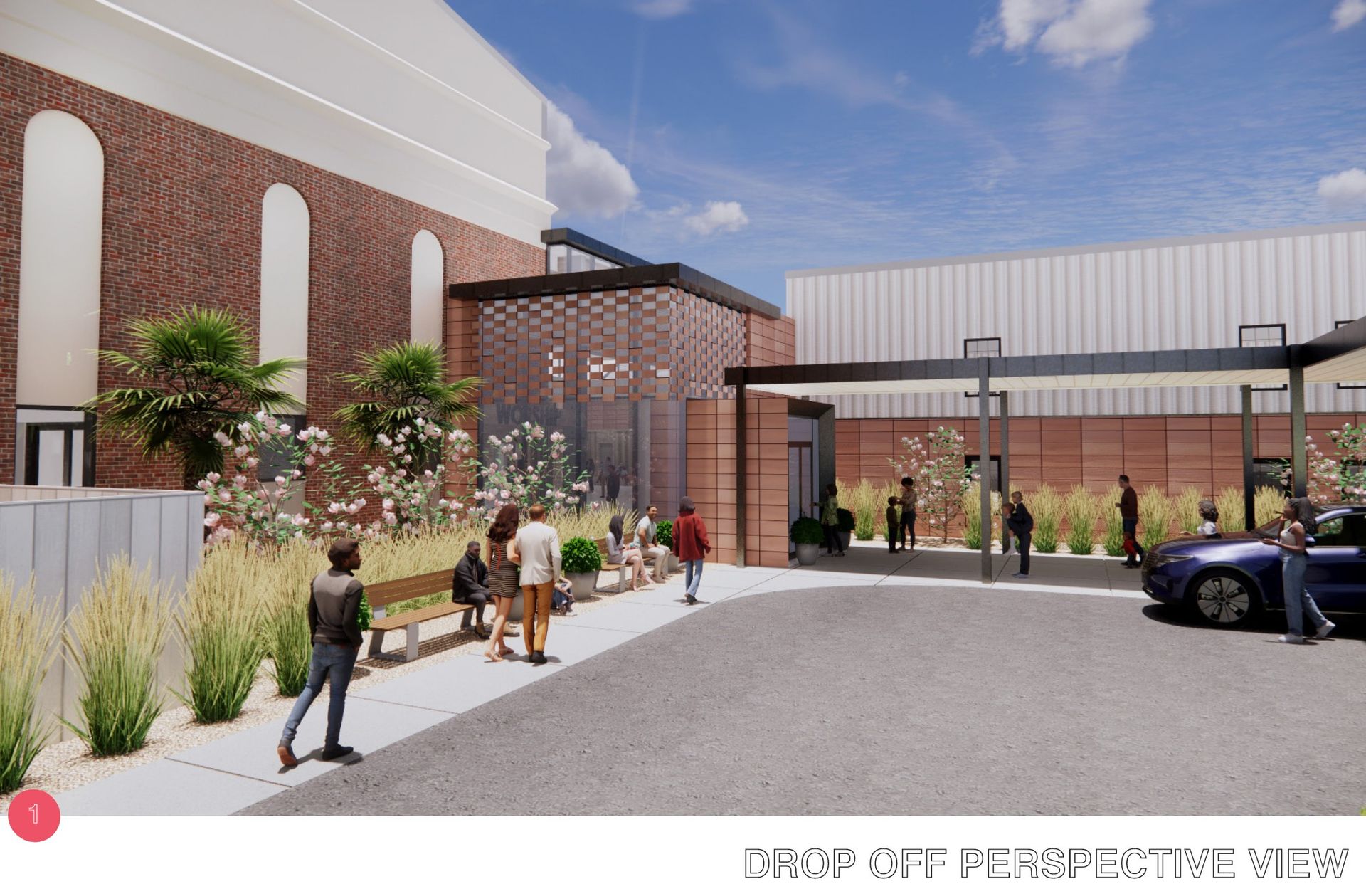 Exterior view of a building with people near benches, landscaping, and a car on a gray asphalt area.