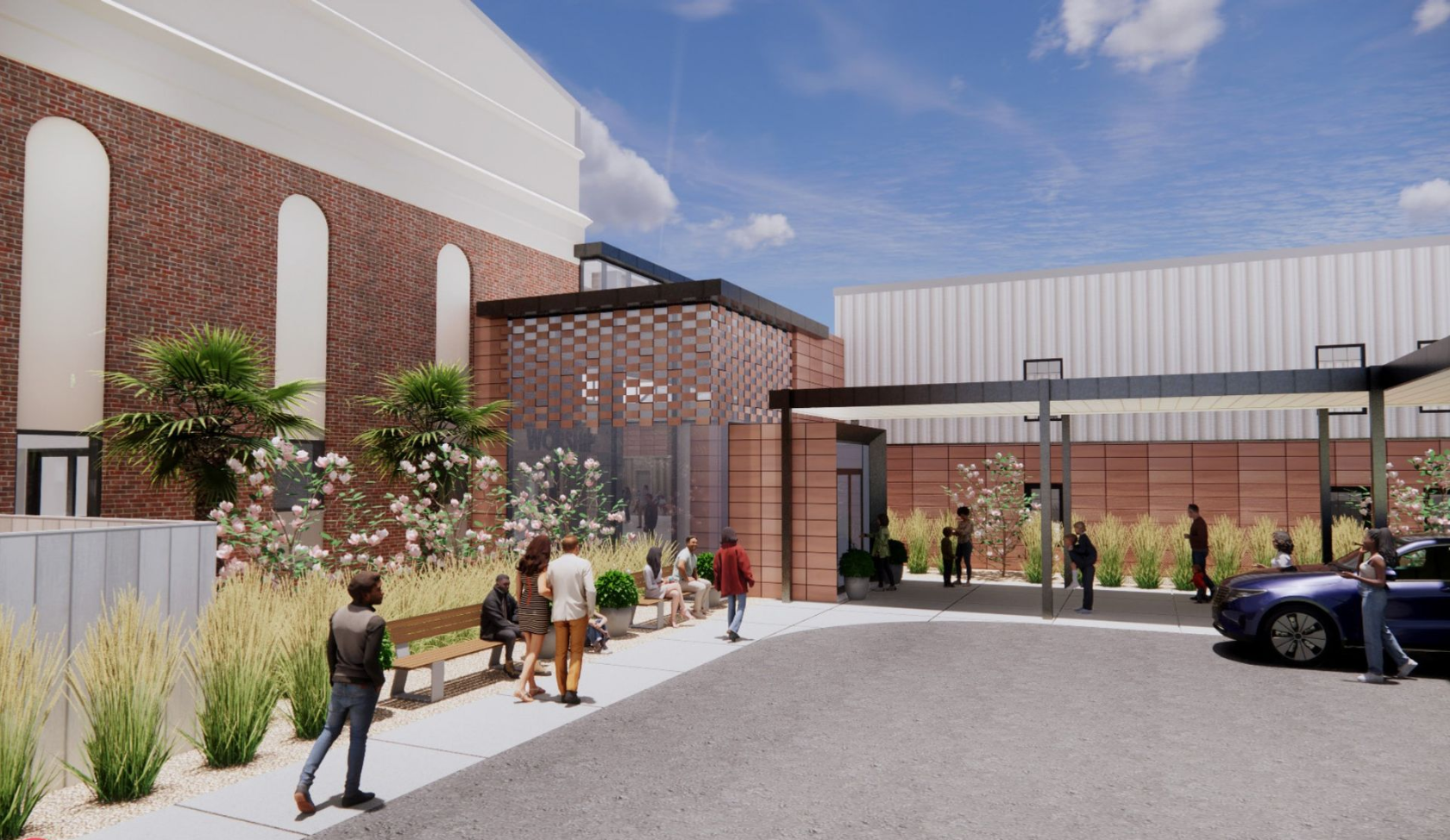 Exterior architectural rendering. People walking near building with brick and metal accents; sunny day.