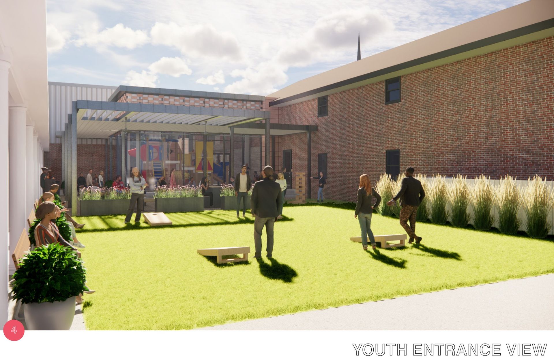 Courtyard with lawn, games, people, and building with covered patio; youth entrance view.