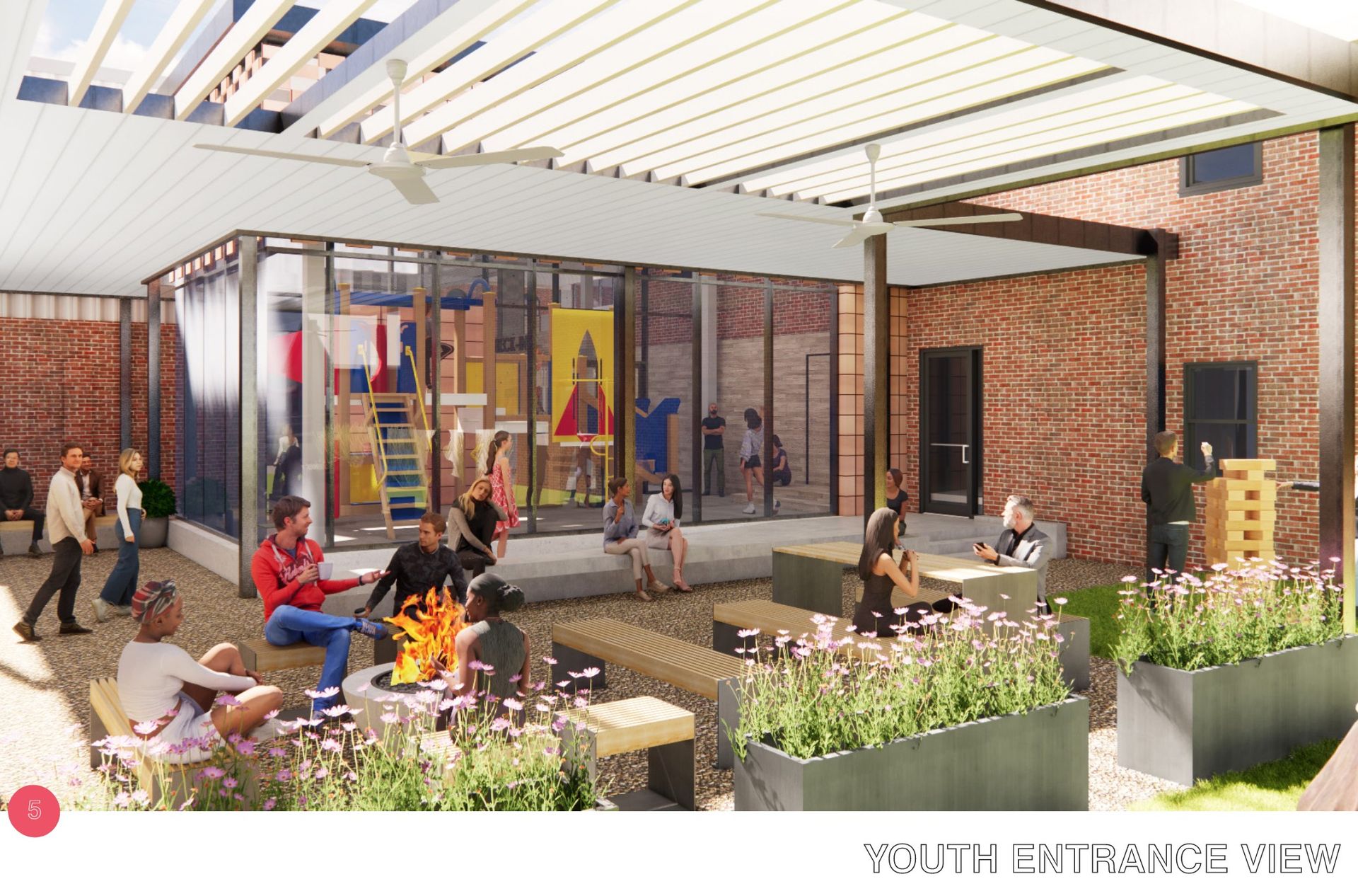 Rendering of a youth entrance with people socializing near fire pit, play area, and shaded seating; brick building.