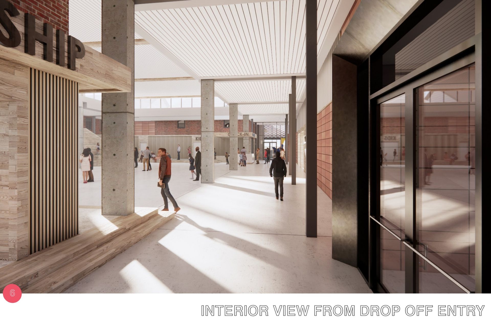Interior view from entry: People walking through a modern building with brick walls and concrete pillars.