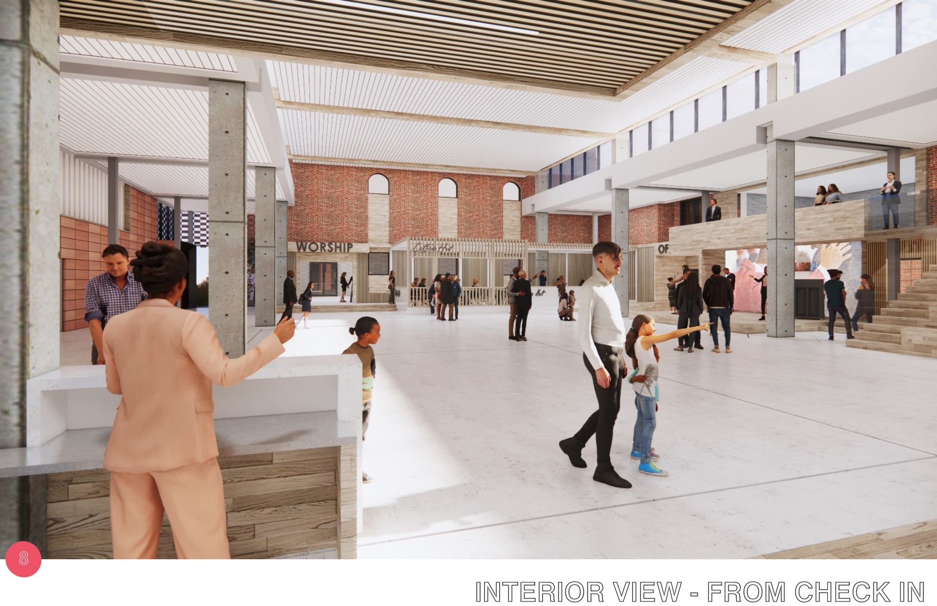 Interior view of a large public space with people. Brick walls, concrete columns, and a check-in desk are visible.