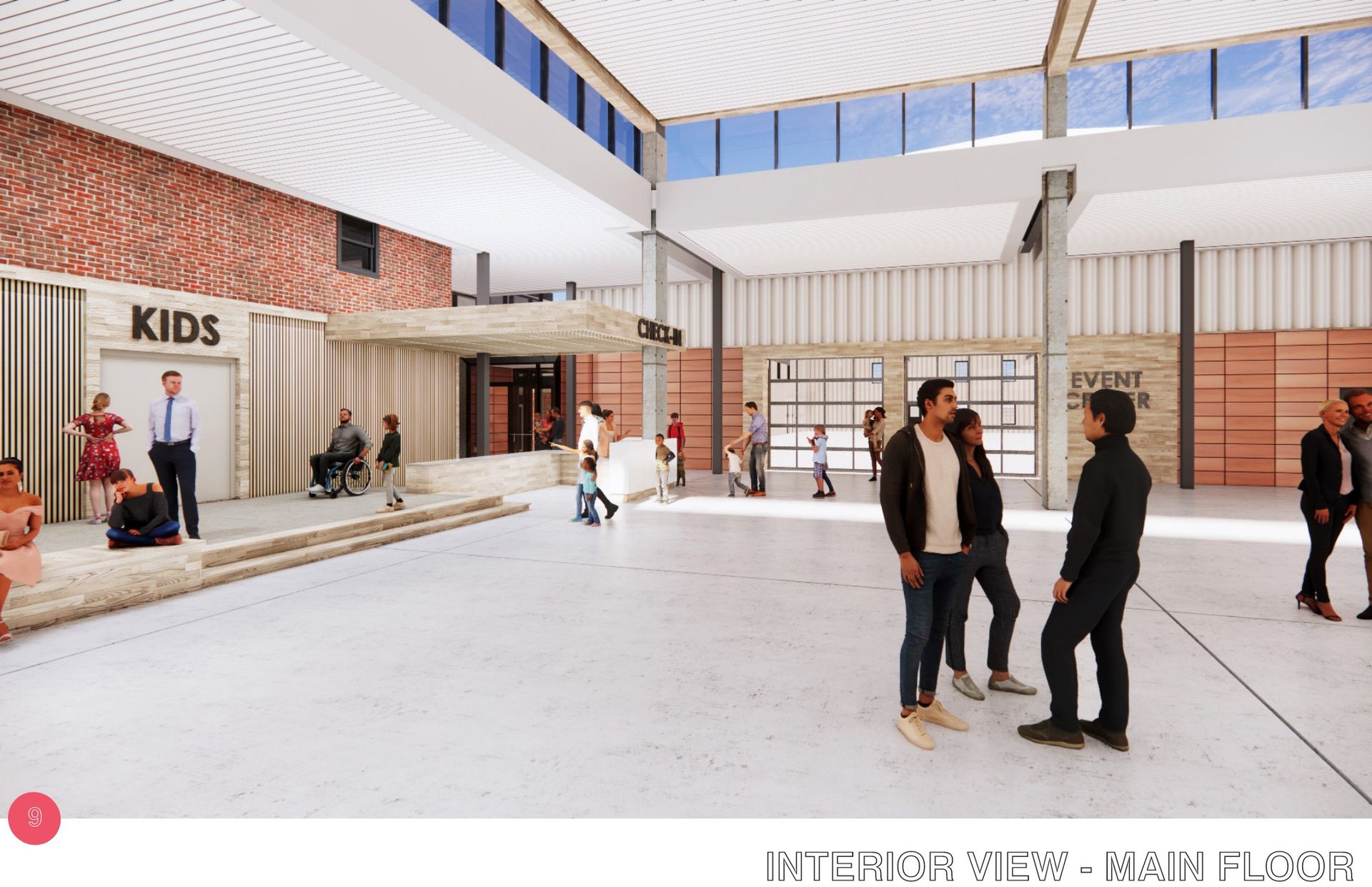 Interior view: Main floor of a building. People gather near a stage and