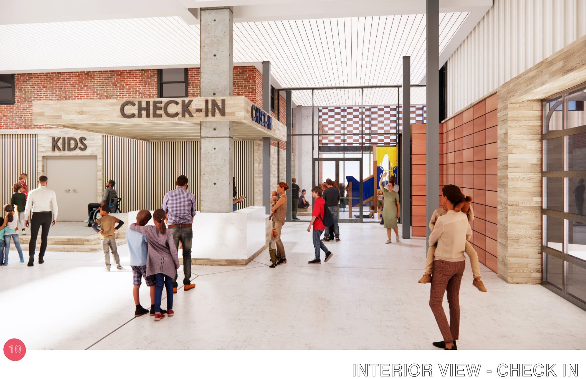 Interior view of a check-in area. People, including children, are in a modern building with
