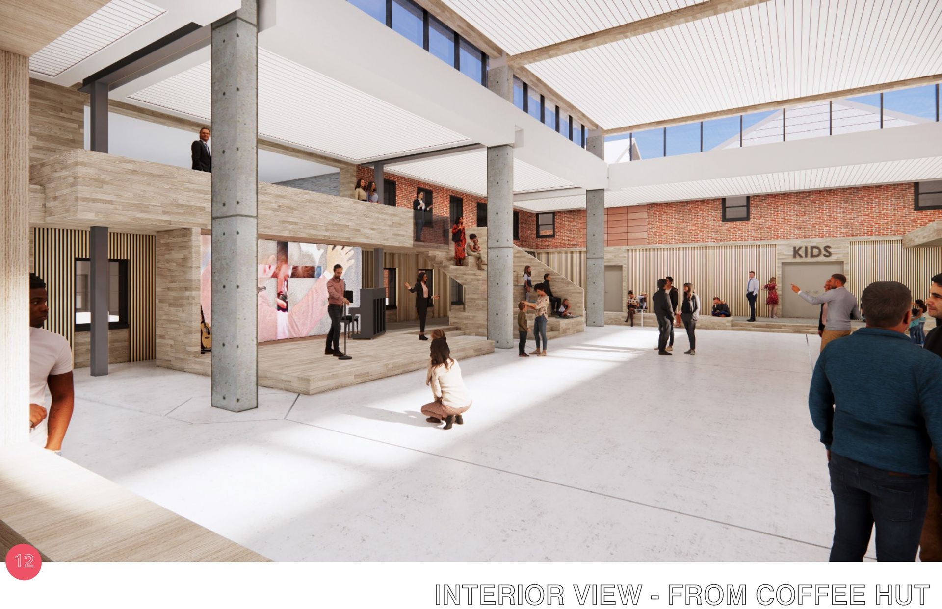 Interior view of a modern building with a large open area, people, and a coffee hut sign.