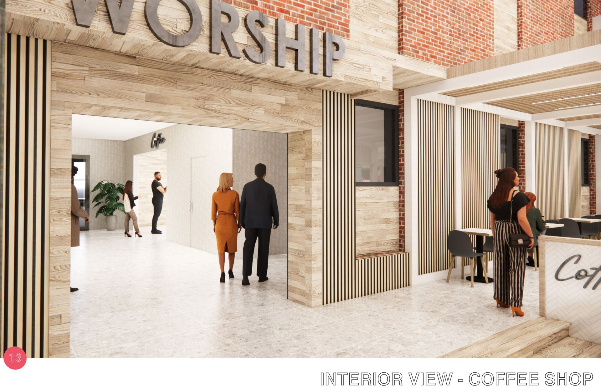 Interior view of a coffee shop with people. Entrance to a worship area is visible. Brick and wood textures.