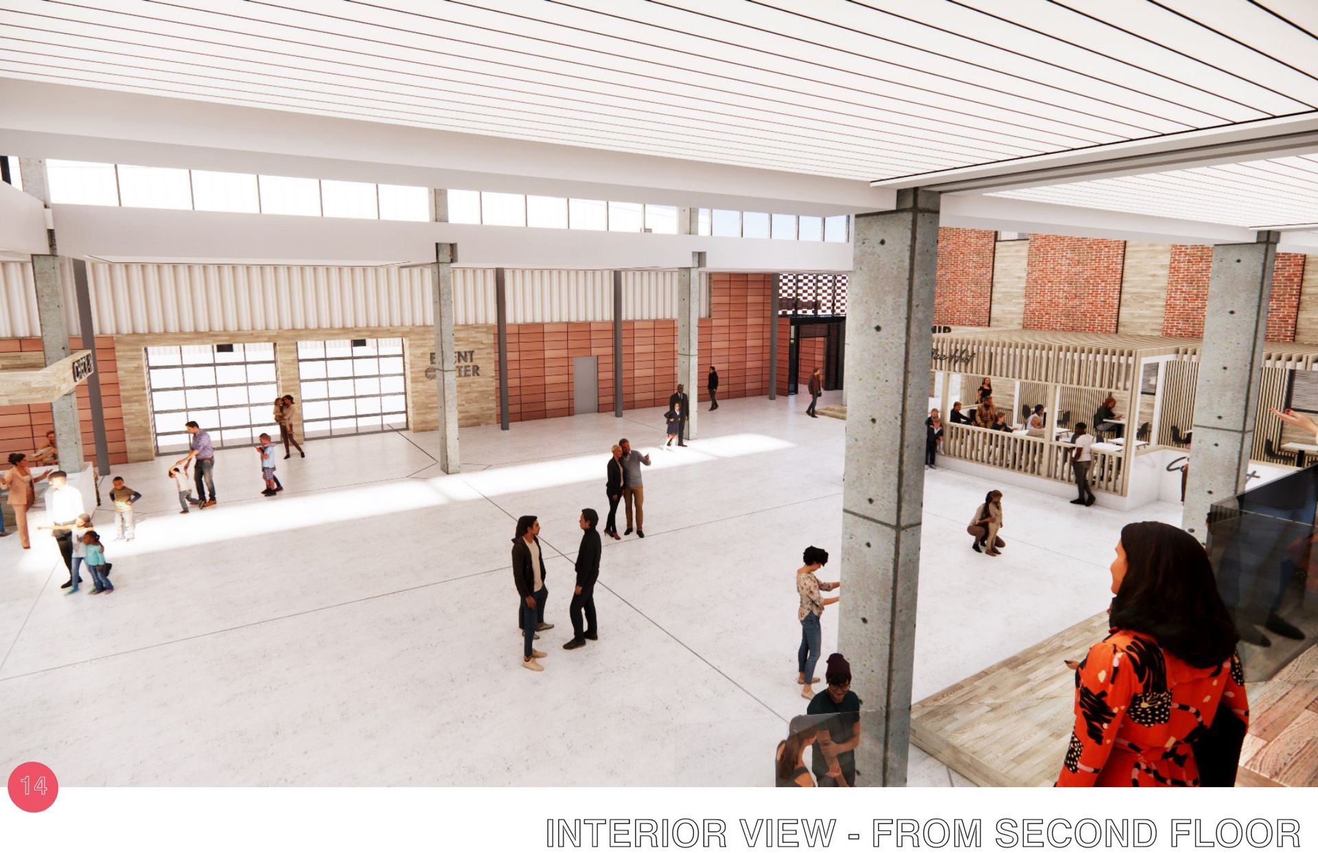 Interior view of a large, open-plan space with people. Brick walls, concrete columns, and large windows.