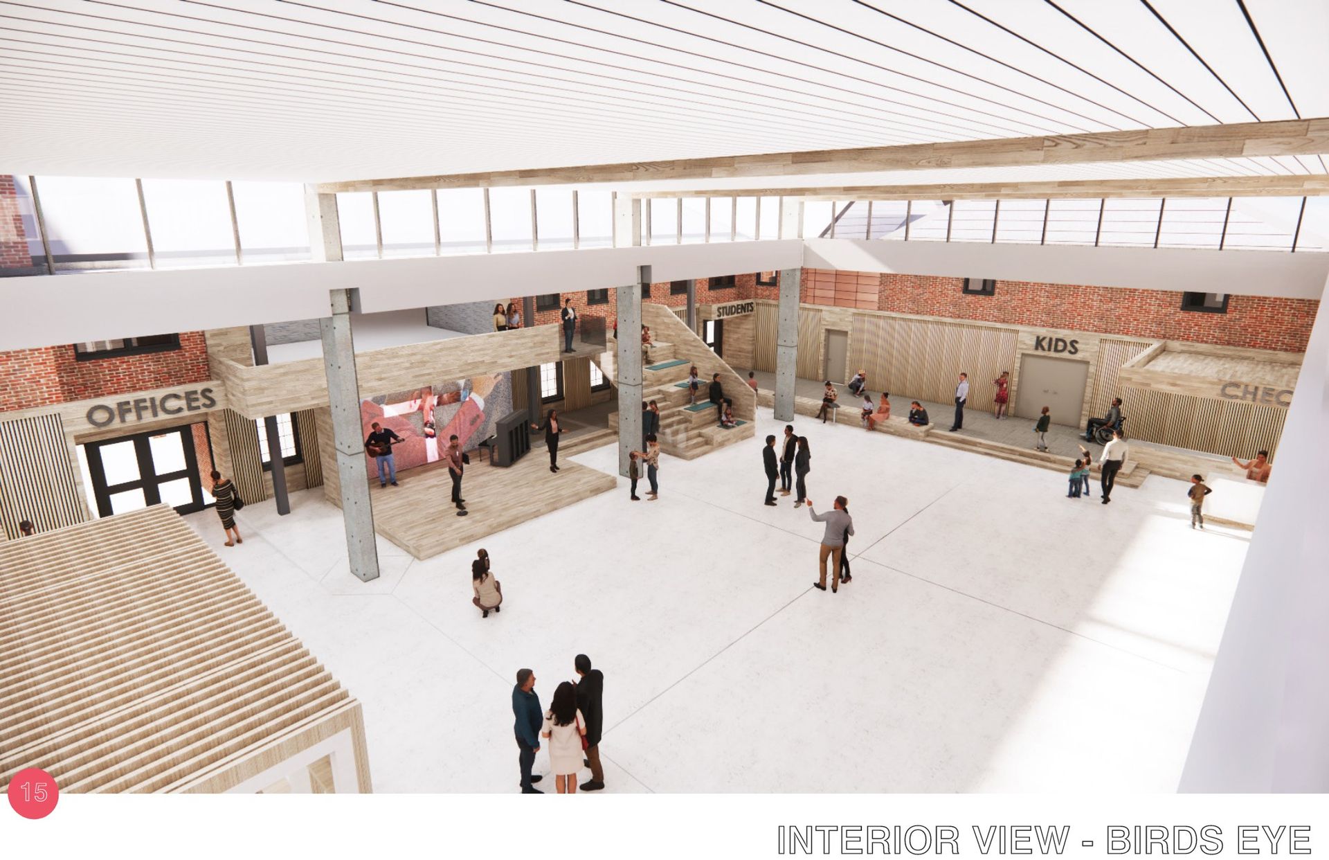 Interior bird's-eye view: People in a large, open hall with brick walls, stairs, and