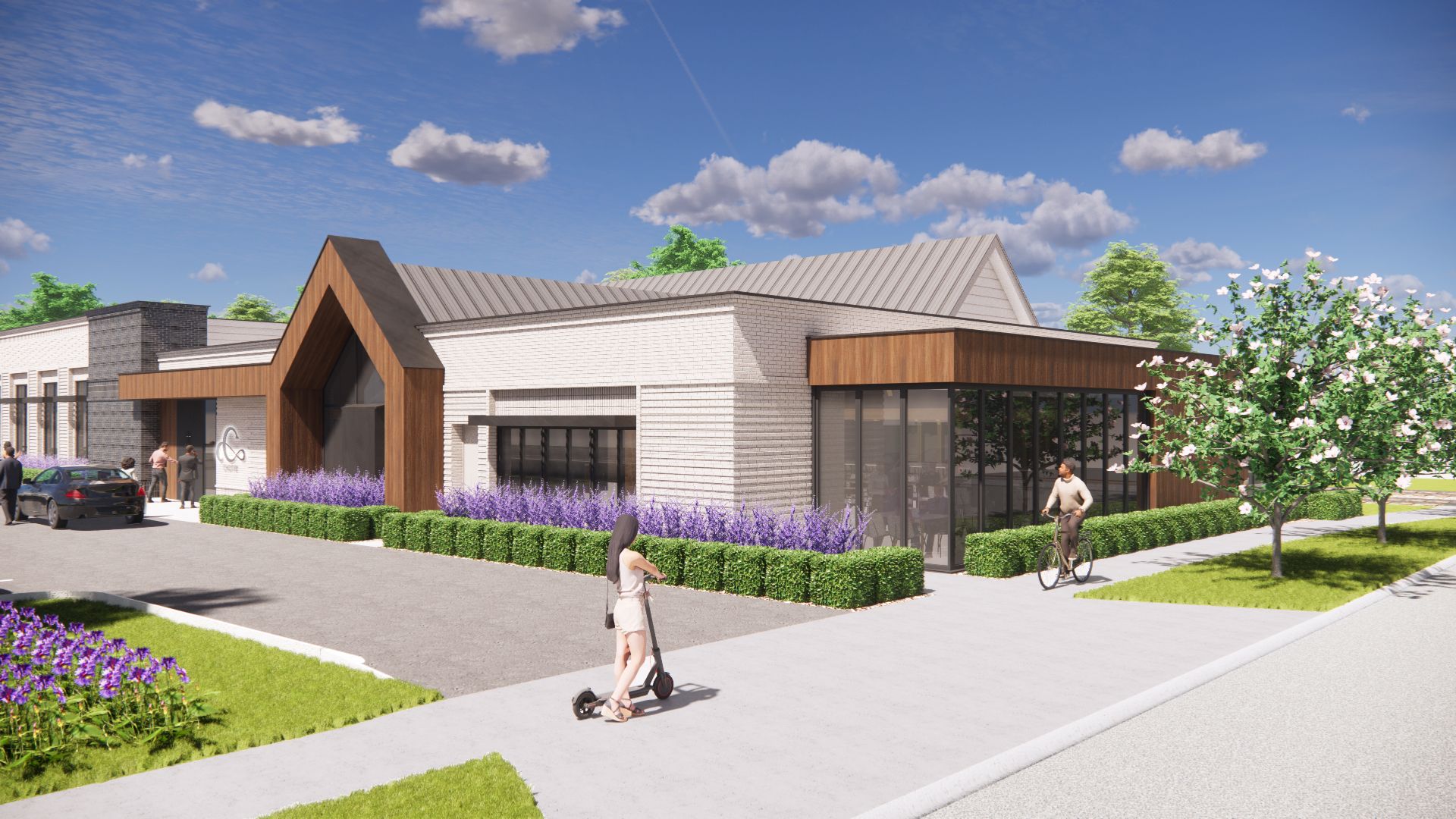 An artist 's impression of a new building with people walking in front of it.