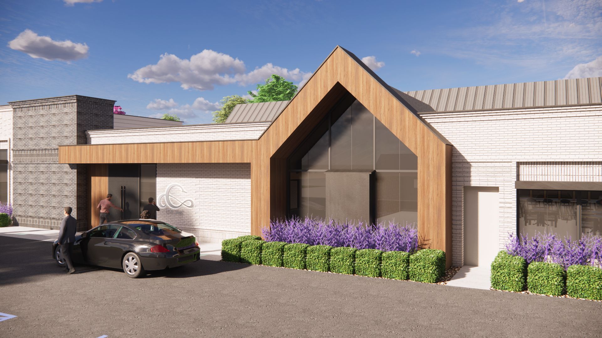 An artist 's impression of a house with a car parked in front of it.