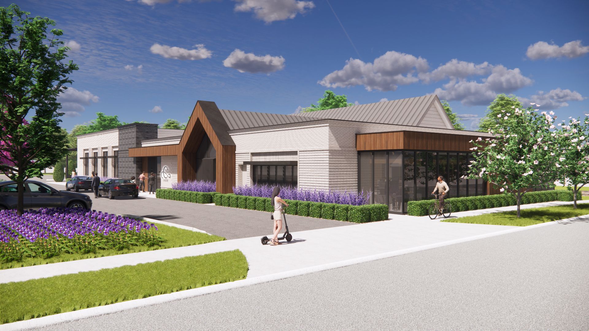 An artist 's impression of a new building with people walking in front of it.