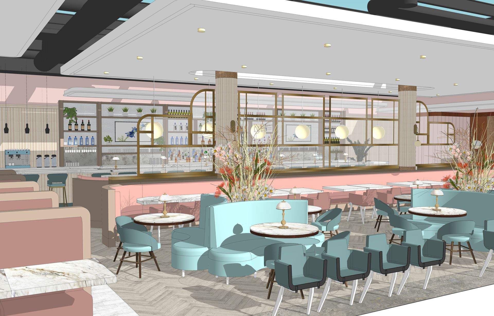 Restaurant interior with pink and teal booths, round tables, and a bar with gold accents.
