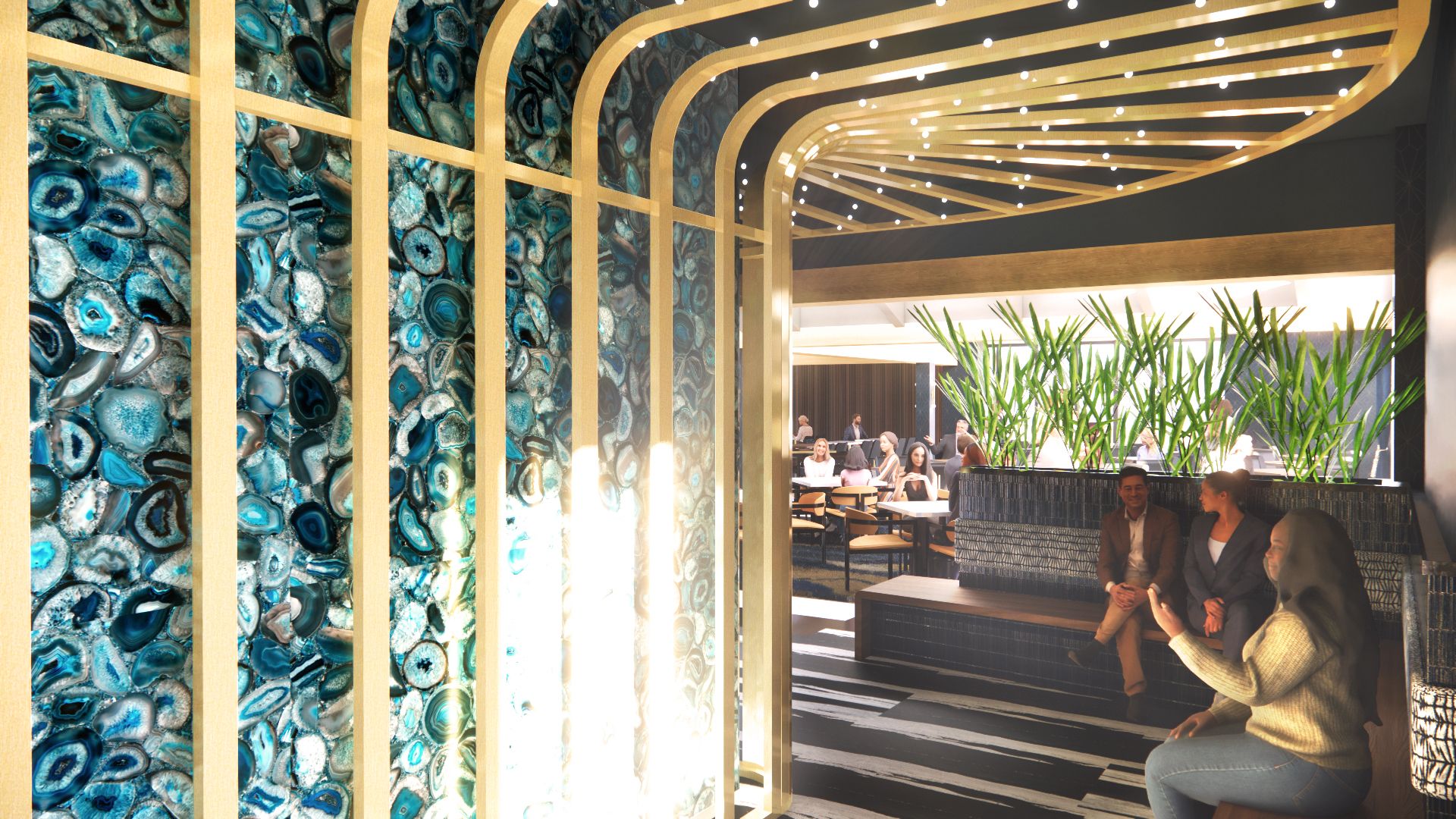 Entrance to restaurant with blue stone wall and people.