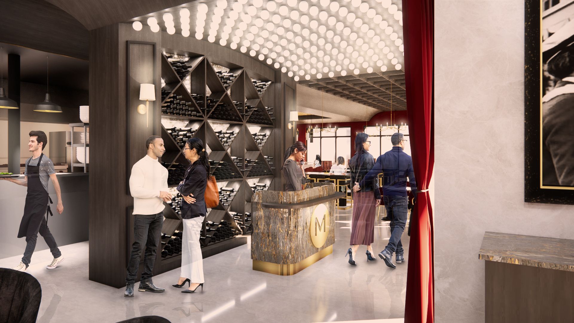 Restaurant interior: People near a wine rack and a host stand. Black walls, red curtain, and bright ceiling lights.