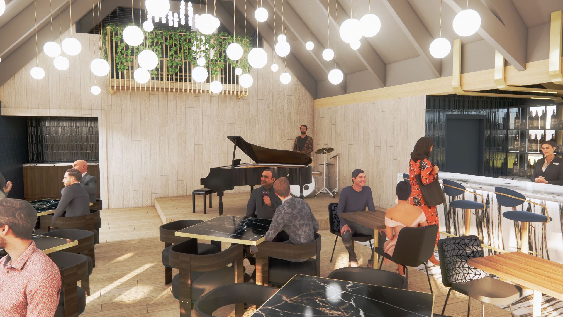 A jazz club interior with a band playing, tables with people, and a bar area.