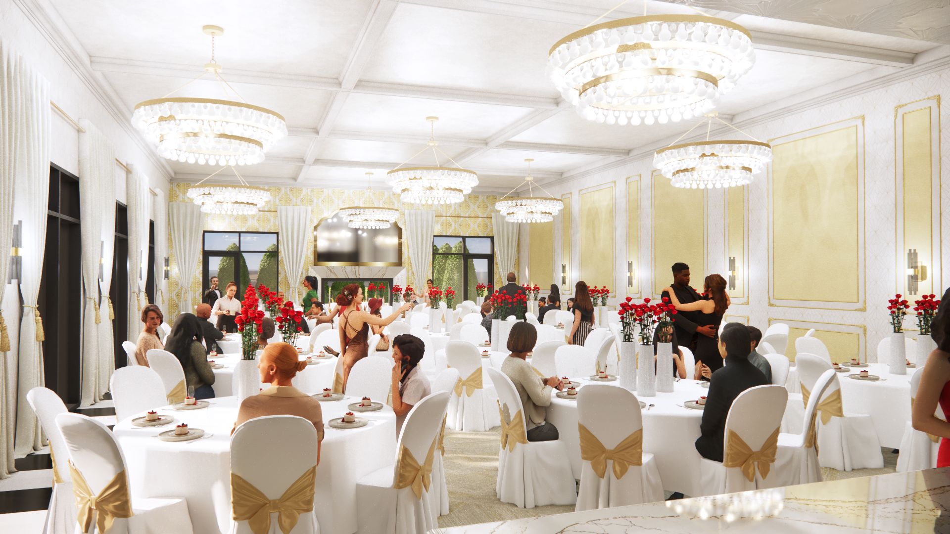 Elegant ballroom, guests seated at round tables, dancers, chandeliers, and red floral centerpieces.